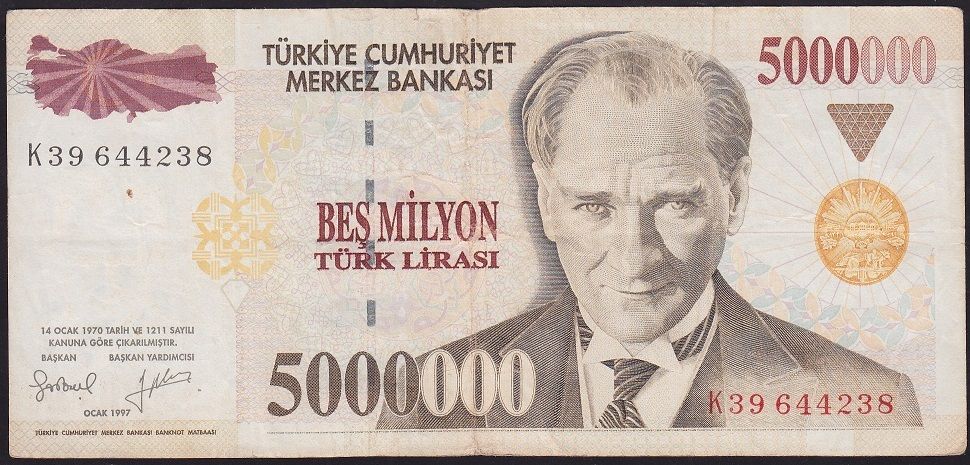 7.Emisyon 5 000 000 Lira K39 644238 Çok Temiz