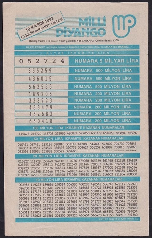 1992 19 KASIM PİYANGO LİSTESİ