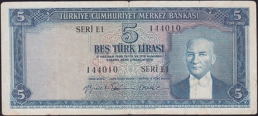 5.EMİSYON 2.TERTİP 5 LİRA E1 144010 ÇOK TEMİZ ( DÜZLEME VAR ) eski para mezat