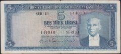 5.EMİSYON 2.TERTİP 5 LİRA E1 144010 ÇOK TEMİZ ( DÜZLEME VAR ) eski para mezat