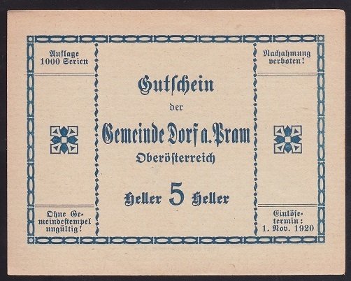 AVUSTURYA 5 HELLER NOTGELD 1920 ÇİL