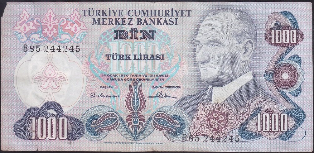 6.EMİSYON 1.TERTİP 1000 LİRA B85 244245 TEMİZ eski kağıt para değerleri