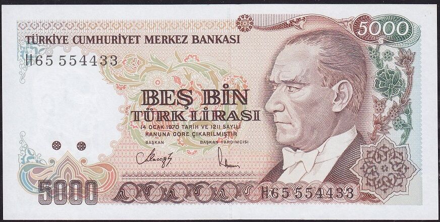 7.Emisyon 4.Tertip 5000 Lira H65 554433 Çilaltı