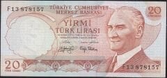 6.Emisyon 3.Tertip 20 Lira F13 878157 Çok Çok Temiz+