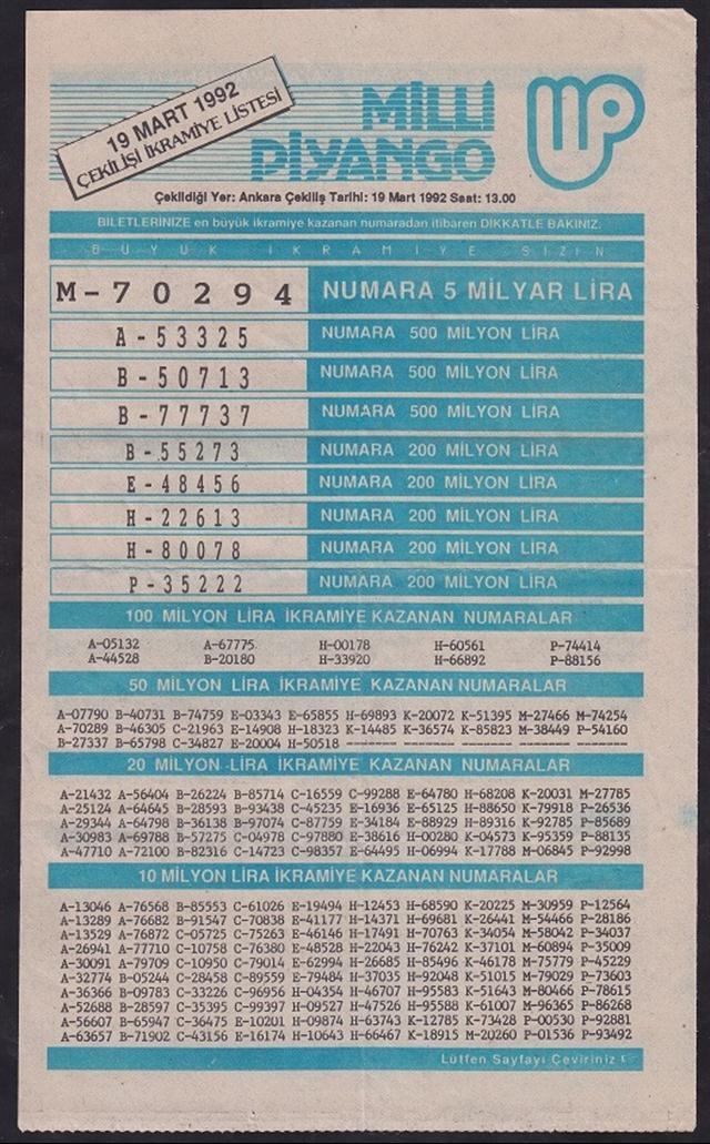 1992 19 MART PİYANGO LİSTESİ