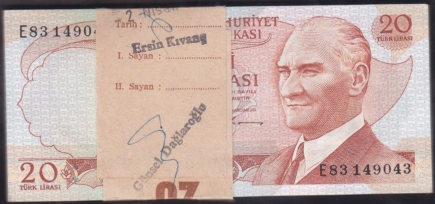 6.EMİSYON 2.TERTİP 20 LİRA E HARFİ (100 ADET) ÇİL TAM SIRALI