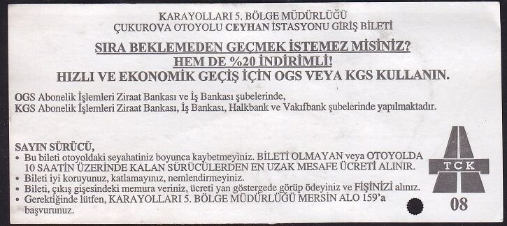 Adana-Mersin Otoyol Geçiş Bileti 2007