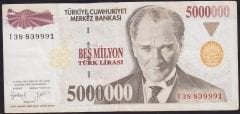 7.Emisyon 5 000 000 Lira I38 839991 Çok Temiz+