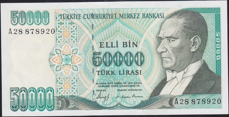 7.Emisyon 1.Tertip 50000 Lira A28 878920 Çilaltı