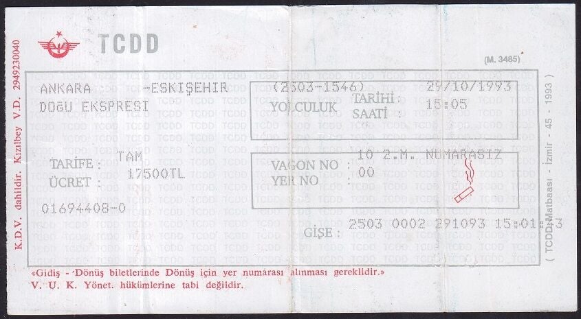 Ankara- Eskişehir Doğu Ekspresi Tren Bileti 1993