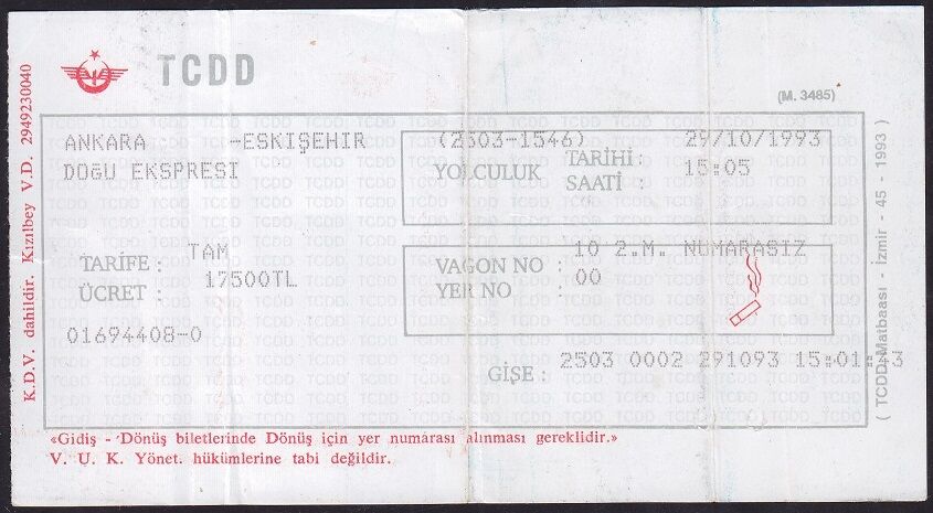 Ankara- Eskişehir Doğu Ekspresi Tren Bileti 1993