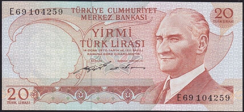 6.Emisyon 2.Tertip 20 Lira E69 104259 Ççt Çilaltı