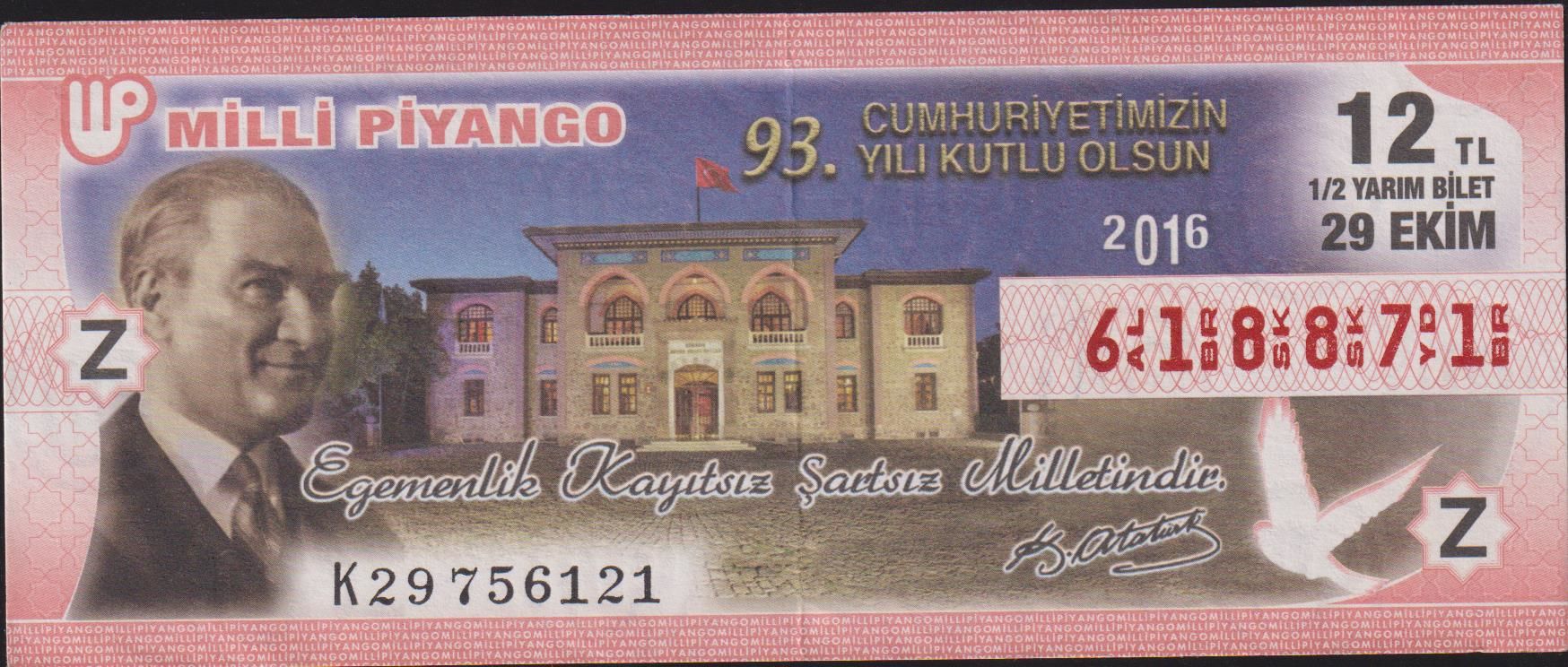 2016 29 Ekim Yarım Bilet - Z Serisi