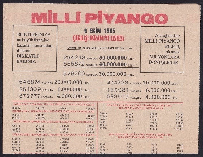 1985 9 EKİM PİYANGO LİSTESİ
