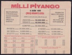 1985 9 EKİM PİYANGO LİSTESİ