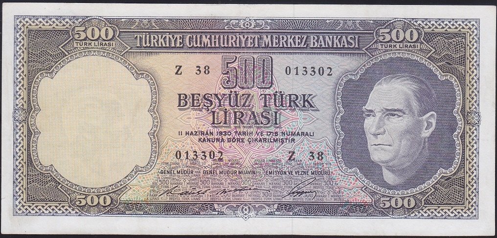 5.EMİSYON 4.TERTİP 500 LİRA Z38 013302  ÇOK ÇOK TEMİZ + ( DÜZELTME VAR )