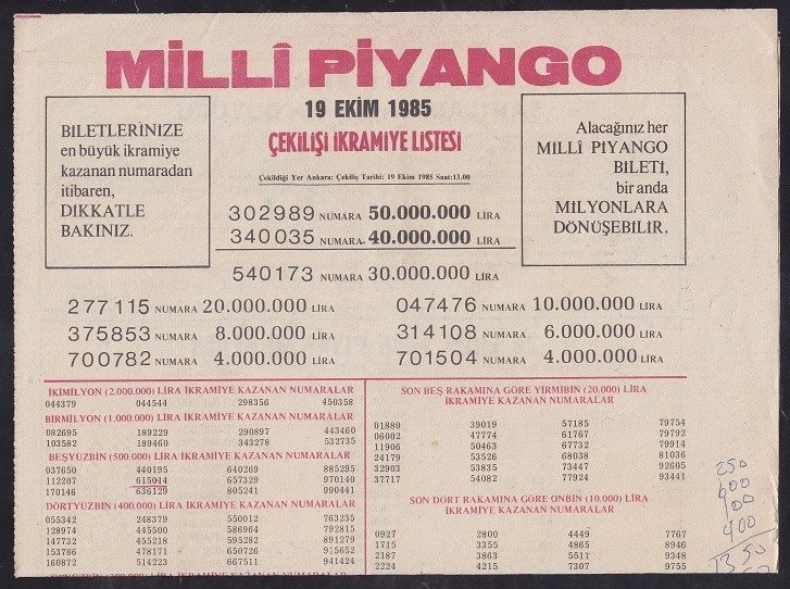 1985 19 EKİM PİYANGO LİSTESİ