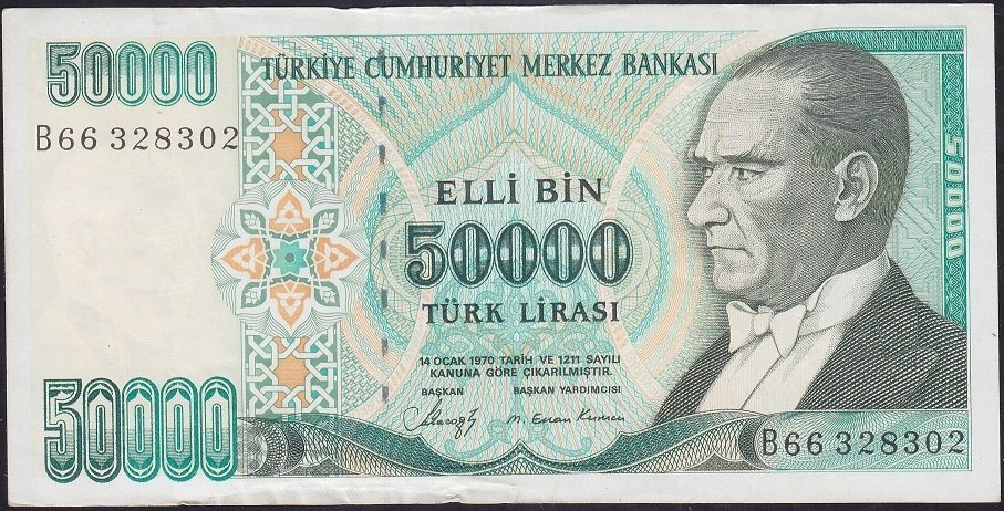 7.Emisyon 1.Tertip 50000 Lira B66 328302 Çok Çok Temiz +