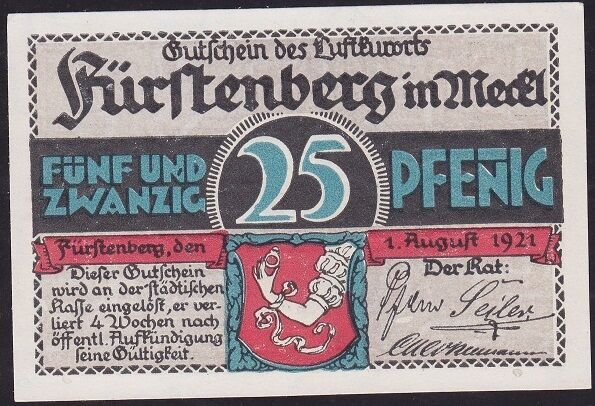 Almanya 25 Pfennig Notgeld 1921 Çil Filigranlı