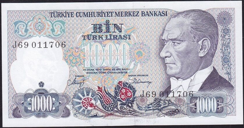 7.Emisyon 2.Tertip 1000 Lira J69 011706 Çil