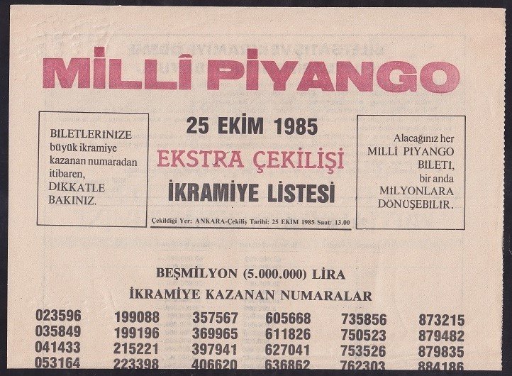 1985 25 EKİM PİYANGO LİSTESİ