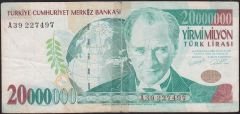 7.Emisyon 20 000 000 Lira A39 227497 Haliyle ( Bant Kullanılmış )