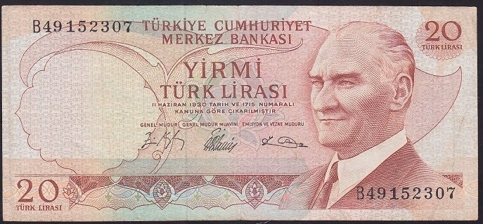 6.EMİSYON 1.TERTİP 20 LİRA B49 152307 ÇOK TEMİZ