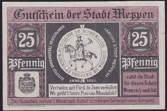 Almanya 25 Pfennig Notgeld 1921 Çilaltı Çil Filigranlı