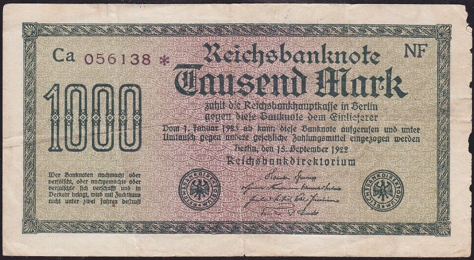 Almanya 1000 Mark 1922 Temiz Yıldızlı Seri