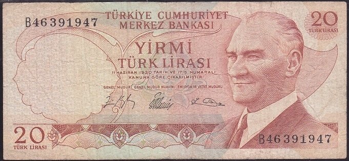 6.EMİSYON 1.TERTİP 20 LİRA B46 391947 TEMİZ