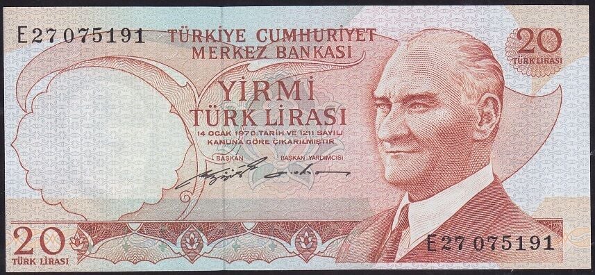6.Emisyon 2.Tertip 20 Lira E27 075191 Çil Hafif Kayık Baskı