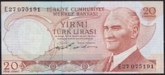 6.Emisyon 2.Tertip 20 Lira E27 075191 Çil Hafif Kayık Baskı