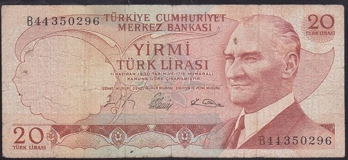 6.EMİSYON 1.TERTİP 20 LİRA B44 350296 TEMİZ