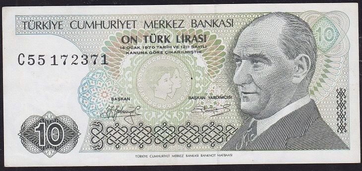 7.Emisyon 1.Tertip 10 Lira C55 172371 Çilaltı Kısa Kaş
