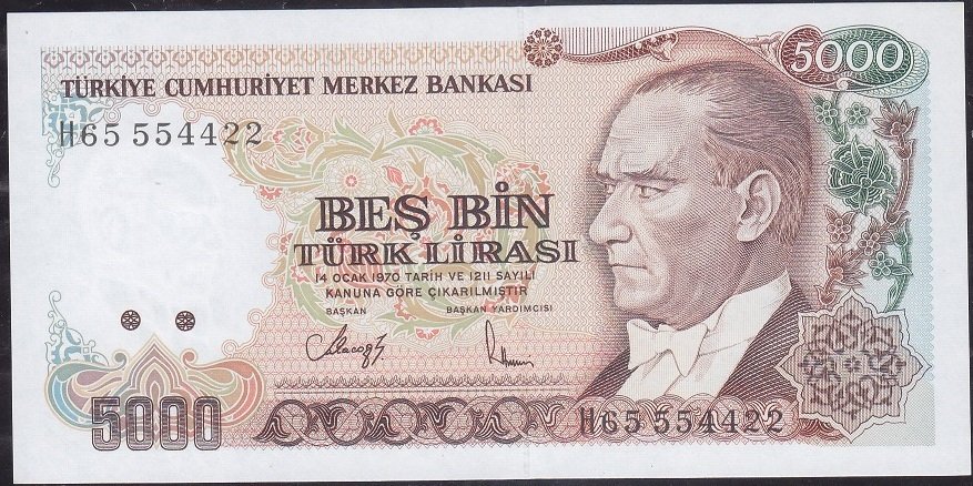 7.Emisyon 4.Tertip 5000 Lira H65 554422 Çil