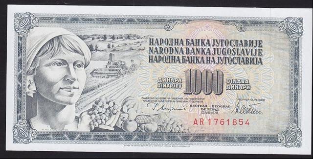 YUGOSLAVYA 1000 DİNAR 1978 ÇİLALTI ÇİL  eski para alan yerler