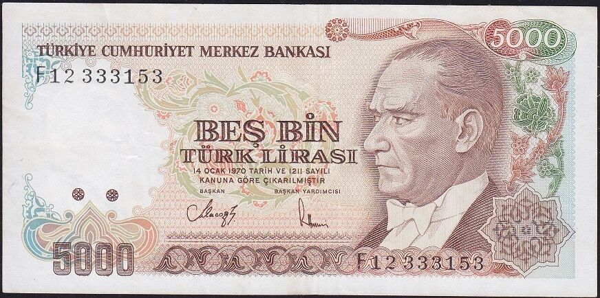 7.Emisyon 3.Tertip 5000 Lira F12 333153 Çok Temiz+