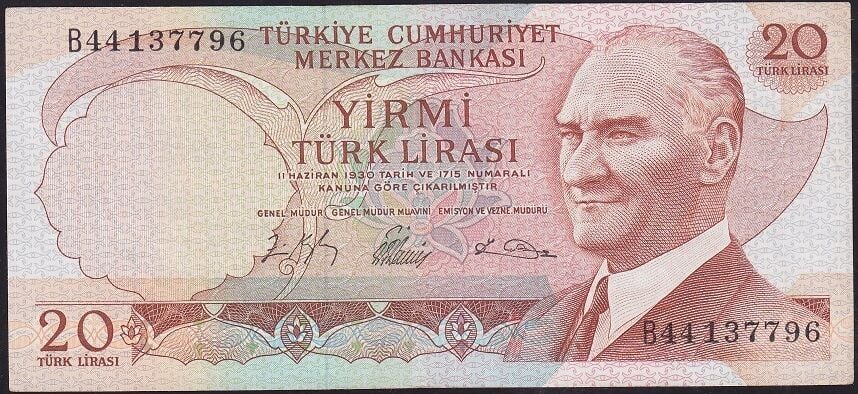 6.Emisyon 1.Tertip 20 Lira B44 137796 Çok Temiz+