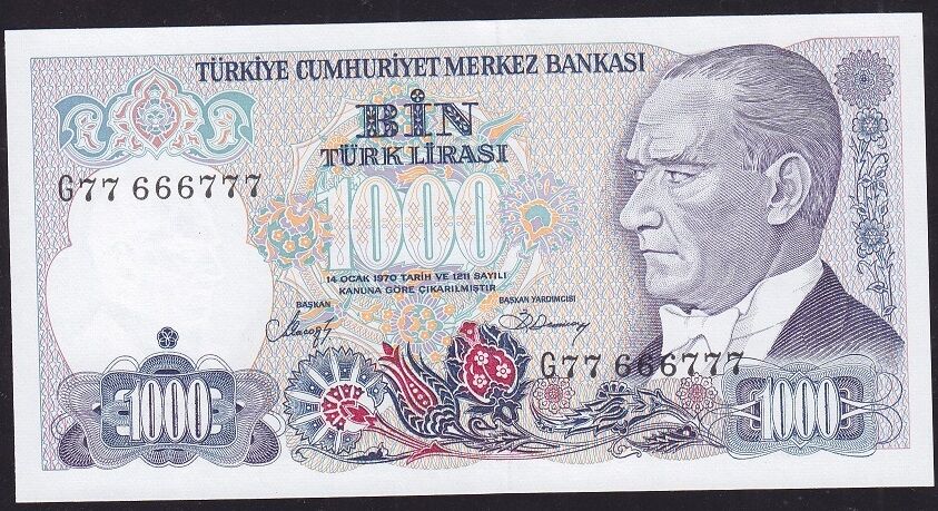 7.Emisyon 2.Tertip 1000 Lira G77 666777 Çil