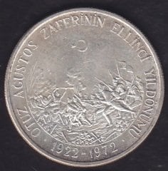 1972 Yılı 50 Lira Türkiye Cumhuriyeti 30 Ağustos Zaferinin 50.Yılı Gümüş ( 20 Gram )