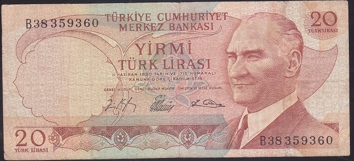 6.EMİSYON 1.TERTİP 20 LİRA B38 359360 TEMİZ
