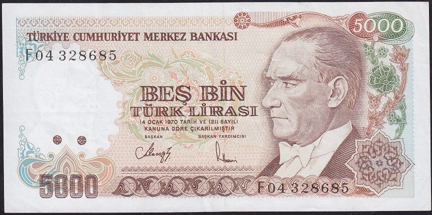 7.Emisyon 3.Tertip 5000 Lira F04 328685 Çok Temiz+