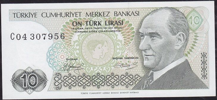7.Emisyon 1.Tertip 10 Lira C04 307956 Çil Kısa Kaş