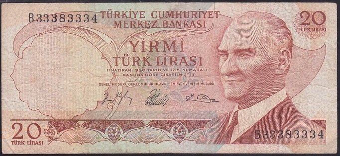 6.EMİSYON 1.TERTİP 20 LİRA B33 383334 TEMİZ