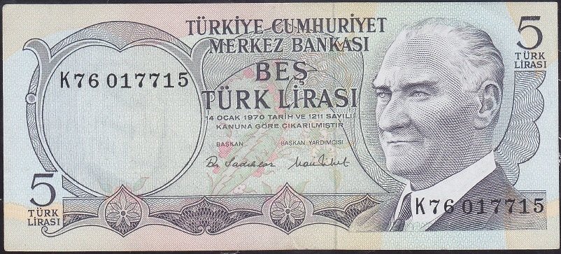 6.Emisyon 2.Tertip 5 Lira K76 017715 Ççt Çilaltı