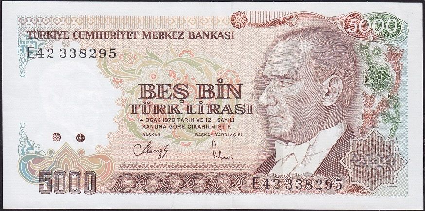 7.Emisyon 3.Tertip 5000 Lira E42 338295 Çilaltı