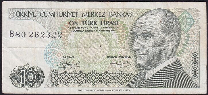 7.Emisyon 1.Tertip 10 Lira B80 262322 Çok Temiz Kısa Kaş