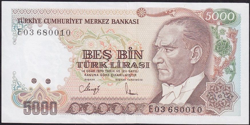 7.Emisyon 3.Tertip 5000 Lira E03 680010 Çok Çok Temiz Çilaltı