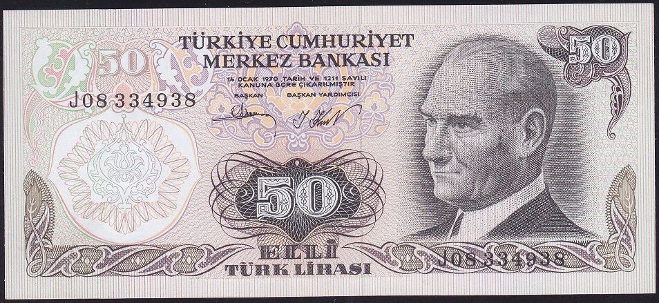 6.Emisyon 2.Tertip 50 Lira J08 334938 Çil