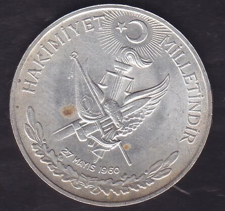 1960 Yılı 10 Lira - Hakimiyet Milletindir İhtilal Gümüş ( 15 Gram )